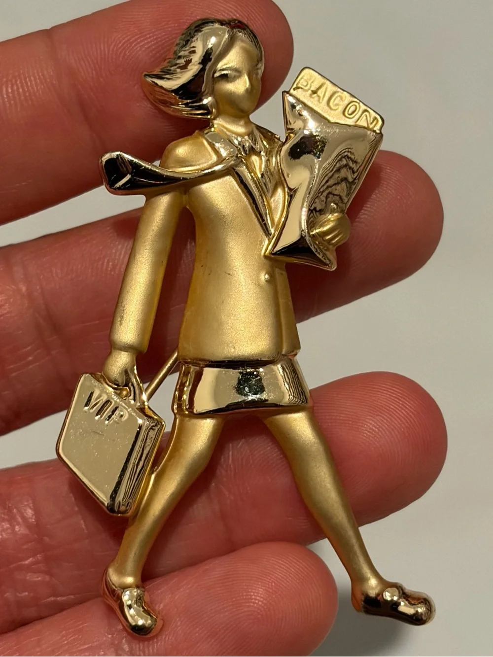 VTG AJC Boss Lady Brooch Pin Bringing Home The Bacon VIP